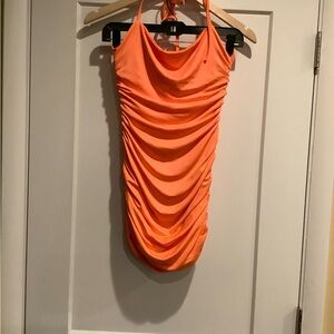 Orange Ruched Halter Mesh Dress
